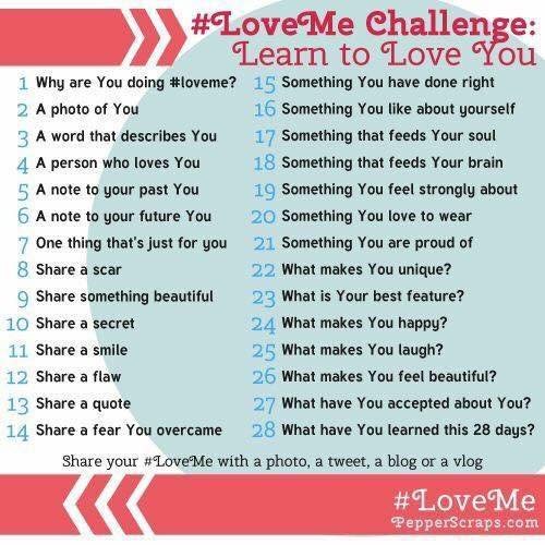 Love me challenge image which shows a 28 day challenge and what it entailed.
